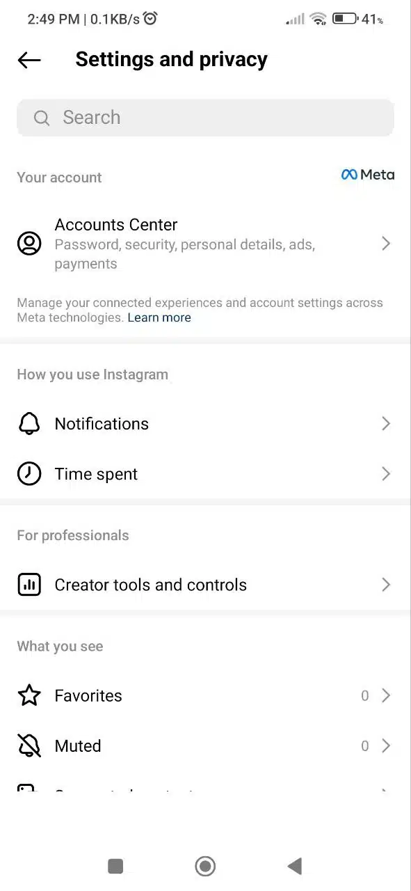 To access Accounts Center, navigate to the Settings and Privacy menu and choose "Accounts Center," which is the first option.