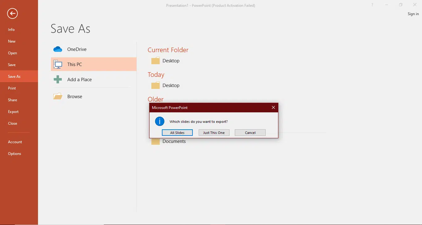 Step 2: Export slides as images in PowerPoint