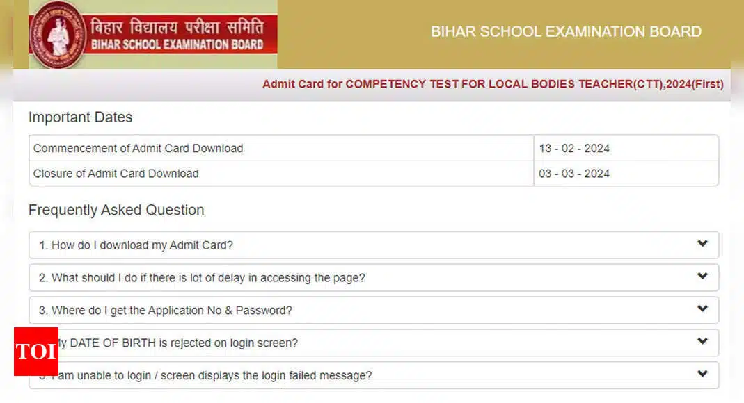 BSEB Sakshamta Pariksha 2024: Admit Card Released for Bihar Teacher Competency Test 2024; Download Here - Times of India